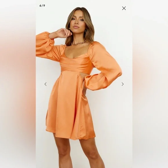 Hello Molly NWT Satin Open Back Cut Out Long Sleeve Orange Mini Dress Medium - Picture 2 of 12